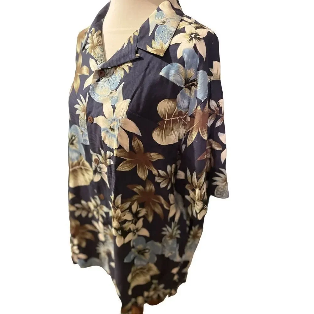 Tasso Elba Men's Button Down Shirt Collared Floral 100% Silk Navy Blue XL